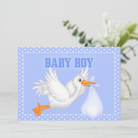 Stork Baby Boy Shower Einladung (Stehend Vorderseite)