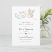 Stork Baby Boy Shower Einladung (Stehend Vorderseite)