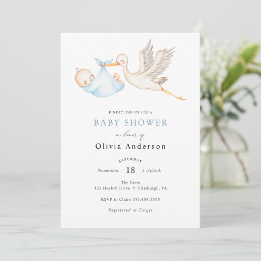 Stork Baby Boy Shower Einladung (Stehend Vorderseite)