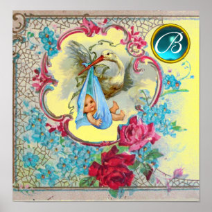 STORK BABY BOY SHOWER Gem Stone Monogram Yellow Poster