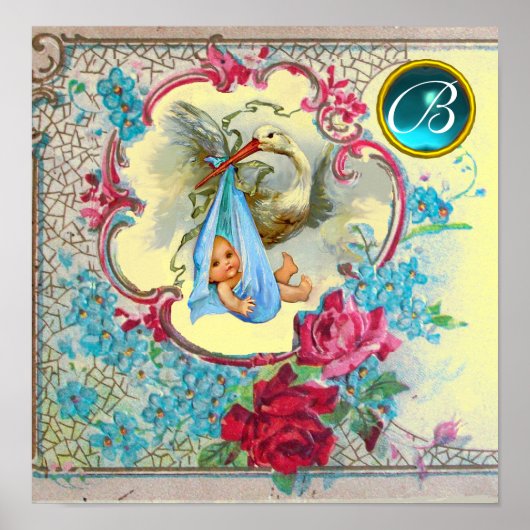 STORK BABY BOY SHOWER Gem Stone Monogram Yellow Poster (Vorne)