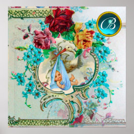 STORK BABY BOY SHOWER Gem Stone Monogramm Poster