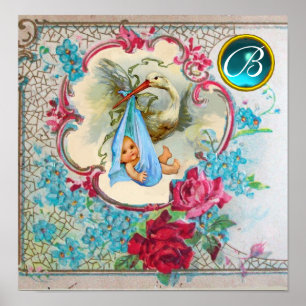 STORK BABY BOY SHOWER Gem Stone Monogramm Poster