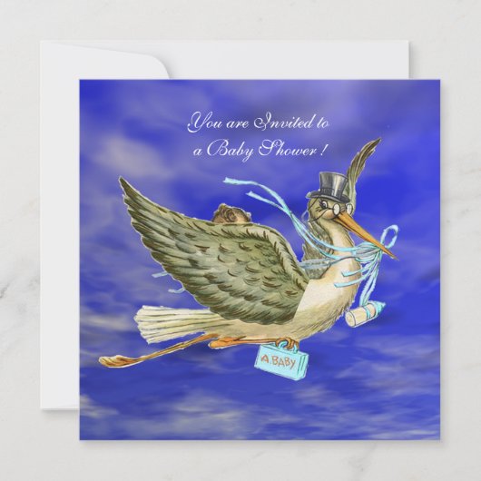 STORK BABY BOY SHOWER Gold Metallic Einladung (Vorderseite)