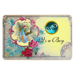 STORK BABY BOY SHOWER MONOGRAM, gelb Magnet