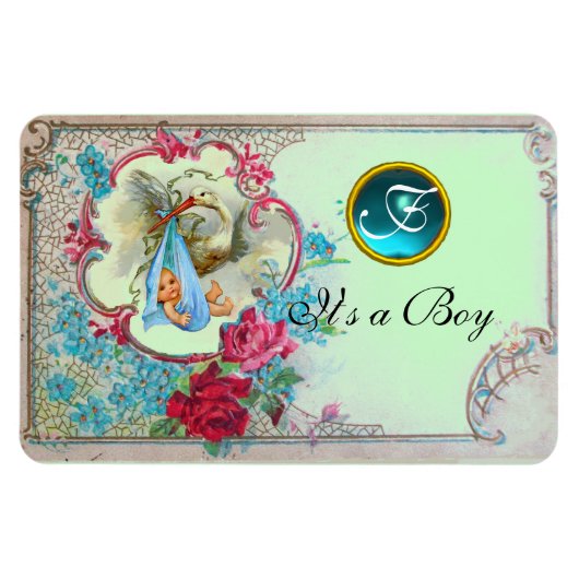 STORK BABY BOY SHOWER MONOGRAM, grün Magnet (Horizontal)