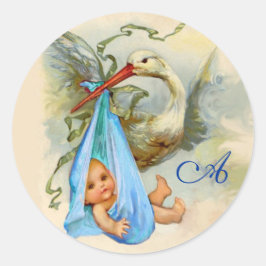 STORK BABY BOY SHOWER MONOGRAM , RUNDER AUFKLEBER
