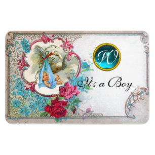 STORK BABY BOY SHOWER MONOGRAM, weiß Magnet