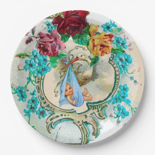 STORK BABY BOY SHOWER PAPPTELLER (Vorderseite)