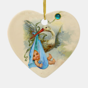 STORK BABY BOY SHOWHERZ MONOGRAM BLAUE SAPPHIRE KERAMIKORNAMENT