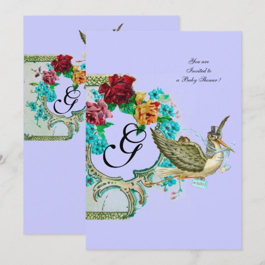 STORK BABY DUSCHE 3 MONOGRAMM EINLADUNG (Vorne/Hinten)