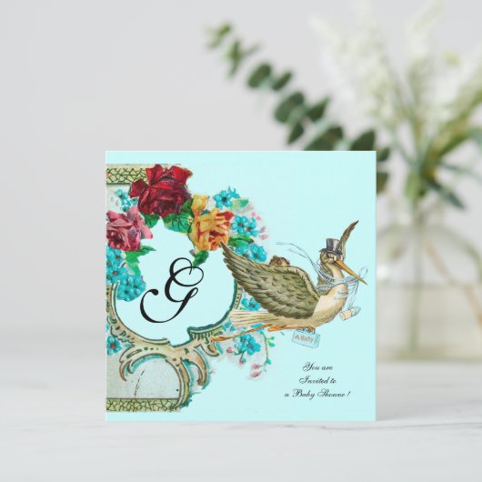 STORK BABY DUSCHE 3 MONOGRAMM EINLADUNG (Stehend Vorderseite)