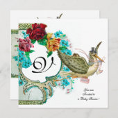 STORK BABY DUSCHE 3 MONOGRAMM, weiß Einladung (Vorne/Hinten)