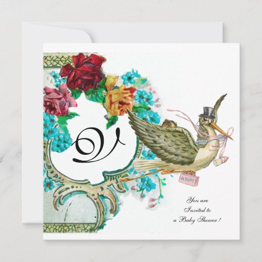 STORK BABY DUSCHE 3 MONOGRAMM, weiß Einladung (Vorderseite)