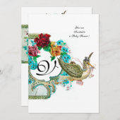 STORK BABY DUSCHE 3 MONOGRAMM, weiß Einladung (Vorne/Hinten)