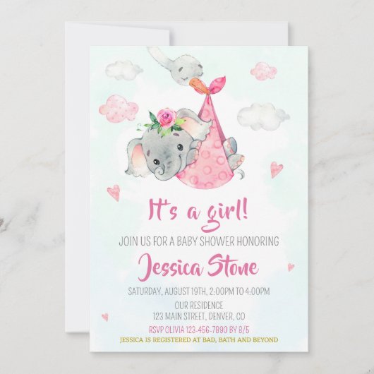 Stork Baby Dusche Einladung Baby Elefanten einlade (Vorderseite)