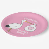 Stork Baby Dusche Pink Girl Niedlicher Cartoon Pappteller (Schrägansicht)