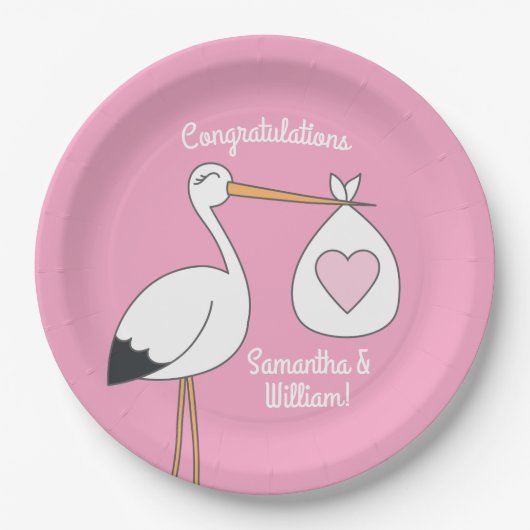 Stork Baby Dusche Pink Girl Niedlicher Cartoon Pappteller (Vorderseite)
