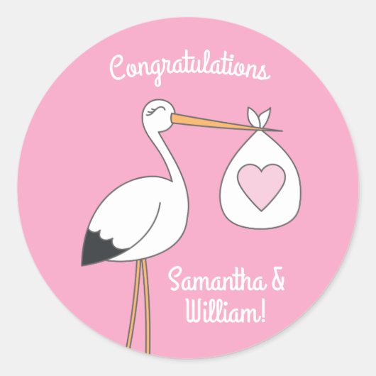 Stork Baby Dusche Pink Girl Niedlicher Cartoon Runder Aufkleber (Vorderseite)