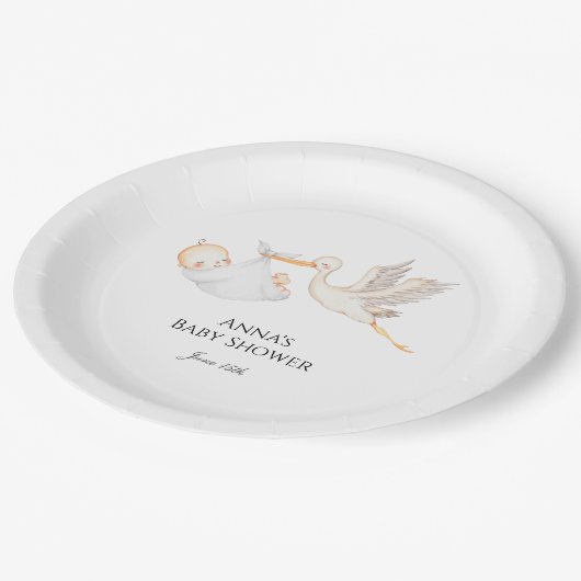 Stork Baby Duwer Gender Neutral Pappteller (Schrägansicht)
