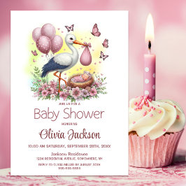 Stork Baby Girl Babydusche Einladung