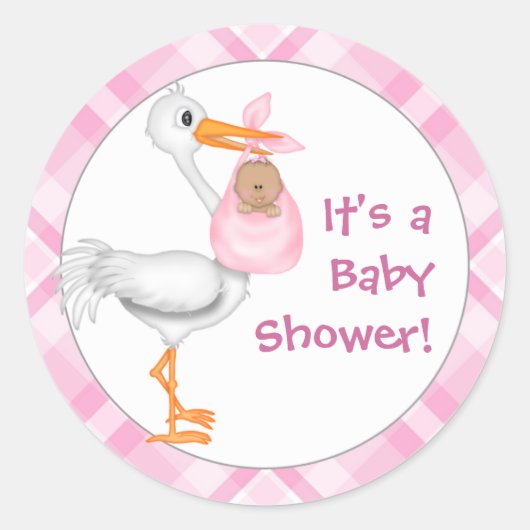Stork & Baby Girl (dunklere Haut) Kinderdusche Runder Aufkleber (Vorderseite)