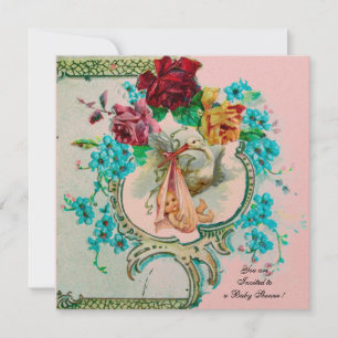 STORK BABY GIRL DUSCHE / PINK ROSES UND BLUE FLOWE EINLADUNG