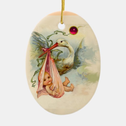 STORK BABY GIRL DUSCHMONOGRAM RED RUBY KERAMIKORNAMENT (Vorne)