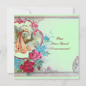 STORK BABY GIRL DUSCHPINK BLAUE FLORAL MONOGRAM EINLADUNG (Rückseite)