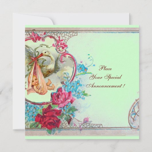 STORK BABY GIRL DUSCHPINK BLAUE FLORAL MONOGRAM EINLADUNG (Rückseite)