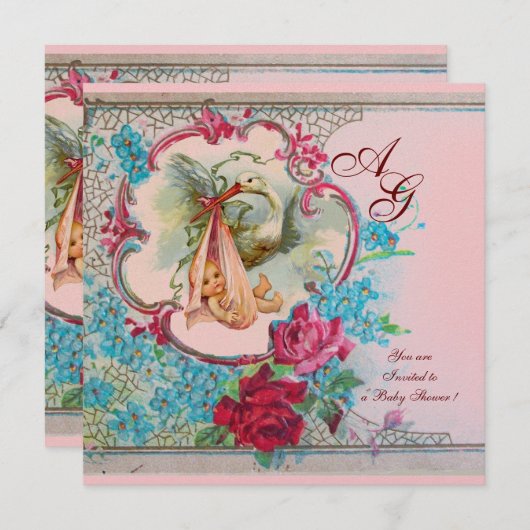 STORK BABY GIRL DUSCHPINK BLAUE FLORAL MONOGRAM EINLADUNG (Vorne/Hinten)