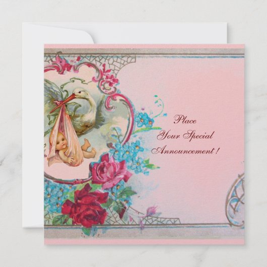 STORK BABY GIRL DUSCHPINK BLAUE FLORAL MONOGRAM EINLADUNG (Rückseite)