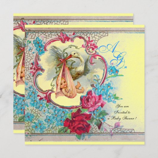 STORK BABY GIRL DUSCHPINK BLAUE FLORAL MONOGRAM EINLADUNG (Vorne/Hinten)