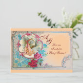 STORK BABY GIRL DUSCHPINK BLAUE FLORAL MONOGRAM EINLADUNG (Stehend Vorderseite)