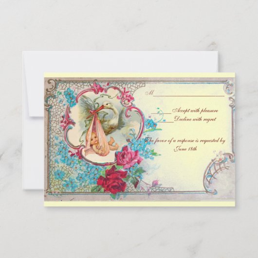 STORK BABY GIRL DUSCHPINK BLAUE FLORAL MONOGRAM EINLADUNG (Rückseite)