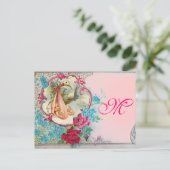 STORK BABY GIRL DUSCHPINK BLAUE FLORAL MONOGRAM EINLADUNGSPOSTKARTE (Stehend Vorderseite)