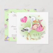*~* Stork Baby Girl Herz Blume Kinderdusche Einladung (Vorne/Hinten)