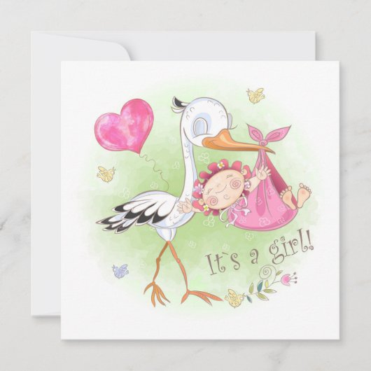 *~* Stork Baby Girl Herz Blume Kinderdusche Einladung (Vorderseite)