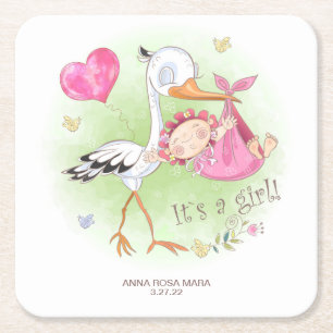 *~* Stork Baby Girl Herz Blume Kinderdusche Rechteckiger Pappuntersetzer