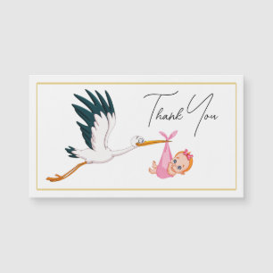 Stork Baby Girl mit elegantem Script Danke Magnetkarte