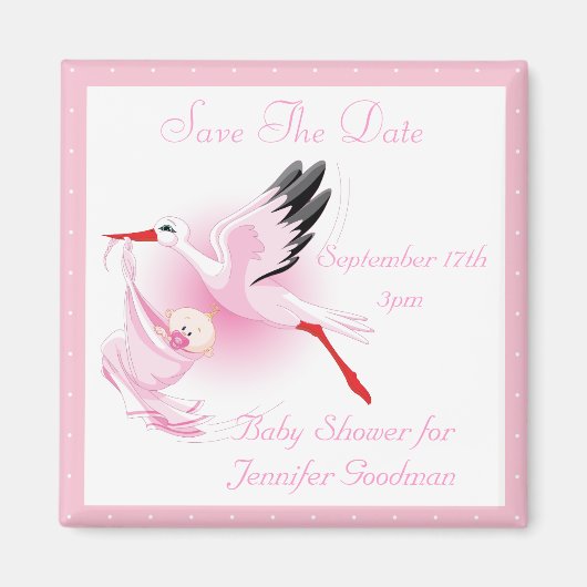 Stork & Baby Girl Pink Save the Date Babydusche Magnet (Vorne)
