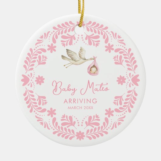 Stork Baby Girl Schwangerschaft Ankündigung Weihna Keramik Ornament (Vorne)