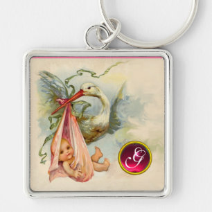 STORK BABY GIRL SHOWER GEM MONOGRAM SCHLÜSSELANHÄNGER