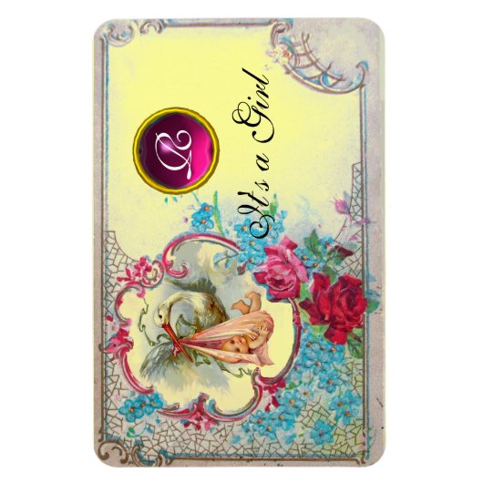 STORK BABY GIRL SHOWER MONOGRAM MAGNET (Vertikal)