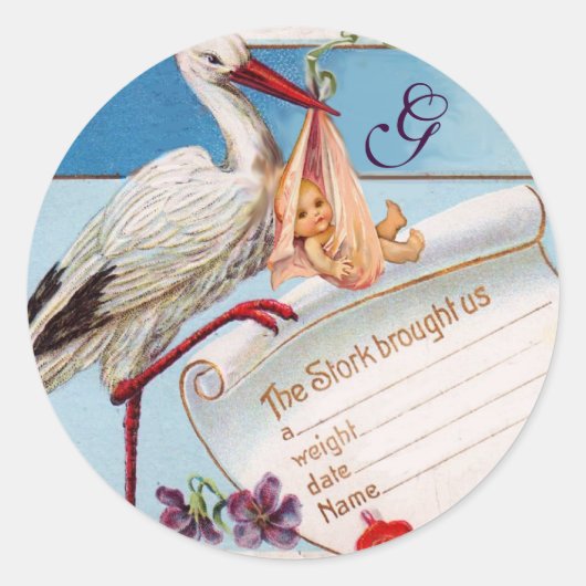 STORK BABY GIRL SHOWER MONOGRAM RUNDER AUFKLEBER (Vorderseite)