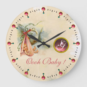 STORK BABY GIRL SHOWER PINKGEM STONE MONOGRAM GROßE WANDUHR