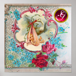 STORK BABY GIRL SHOWER Ruby Gem Stone Monogramm Poster