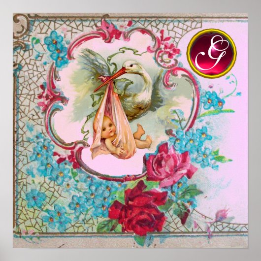 STORK BABY GIRL SHOWER Ruby Gem Stone Monogramm Poster (Vorne)