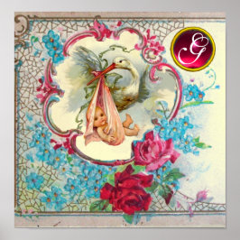 STORK BABY GIRL SHOWER Ruby Gem Stone Monogramm Poster