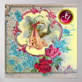 STORK BABY GIRL SHOWER Ruby Gem Stone Monogramm Poster